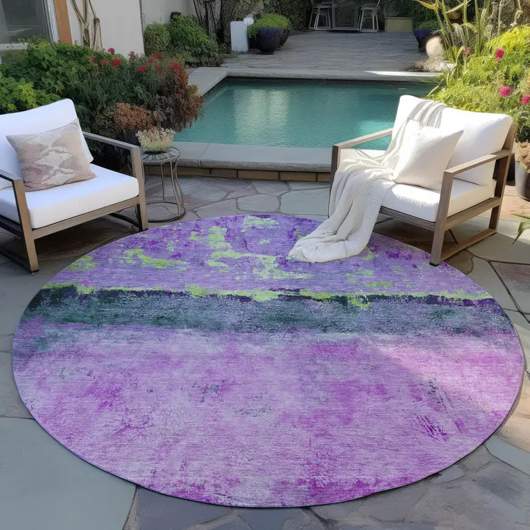 8' Purple And Mint Green Round Abstract Washable Indoor Outdoor Area Rug