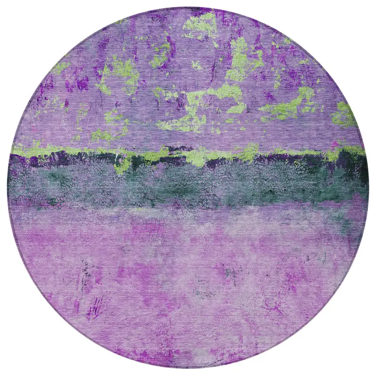 8' Purple And Mint Green Round Abstract Washable Indoor Outdoor Area Rug