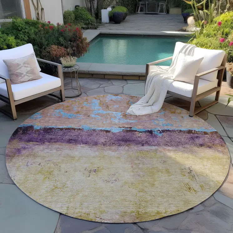 8' Salmon And Sky Blue Round Abstract Washable Indoor Outdoor Area Rug