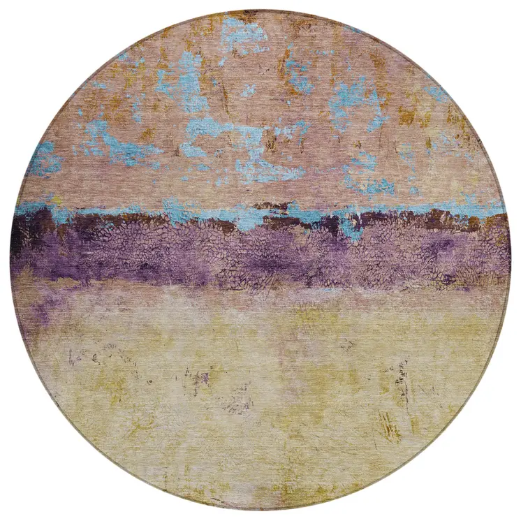 8' Salmon And Sky Blue Round Abstract Washable Indoor Outdoor Area Rug