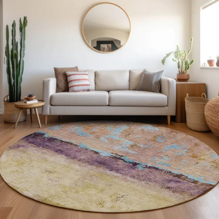 8' Salmon And Sky Blue Round Abstract Washable Indoor Outdoor Area Rug