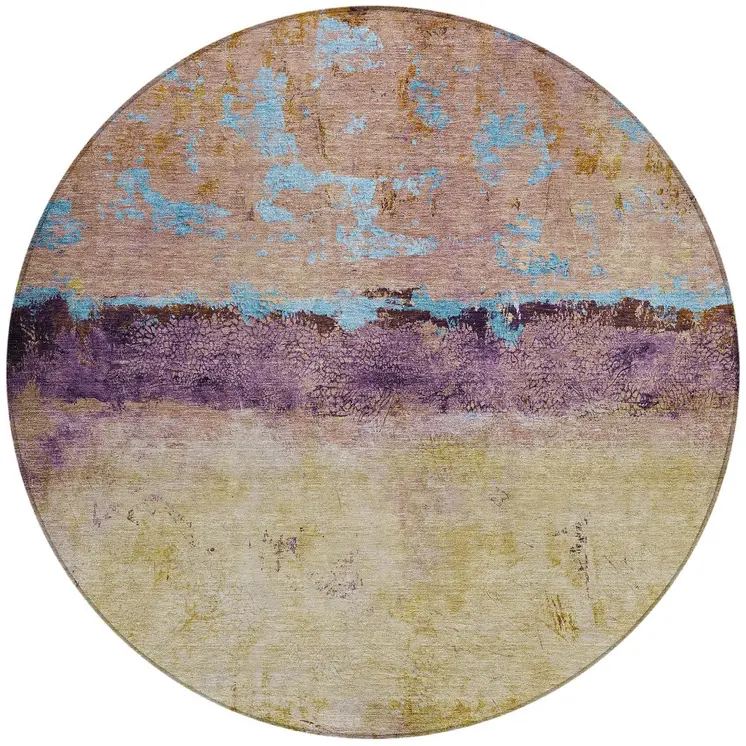 8' Salmon And Sky Blue Round Abstract Washable Indoor Outdoor Area Rug