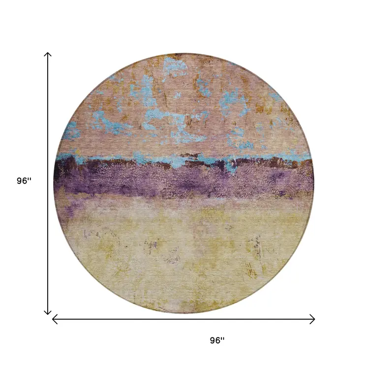 8' Salmon And Sky Blue Round Abstract Washable Indoor Outdoor Area Rug