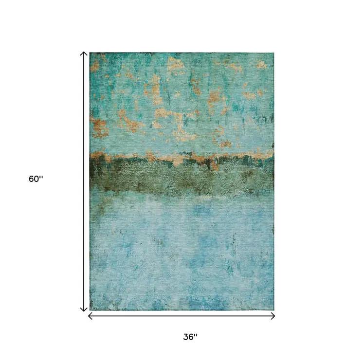 3' X 5' Teal Blue And Gold Abstract Washable Indoor Outdoor Area Rug