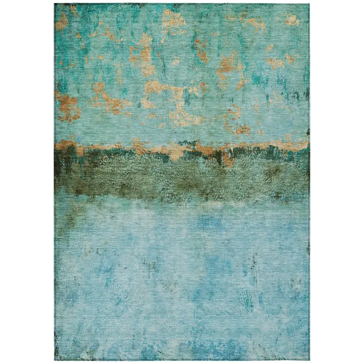 3' X 5' Teal Blue And Gold Abstract Washable Indoor Outdoor Area Rug
