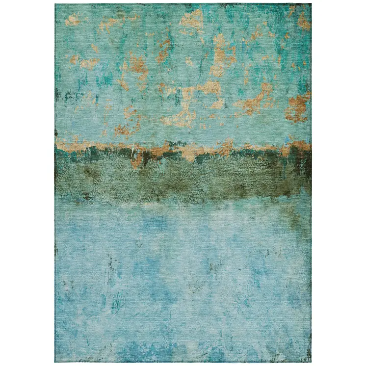 3' X 5' Teal Blue And Gold Abstract Washable Indoor Outdoor Area Rug