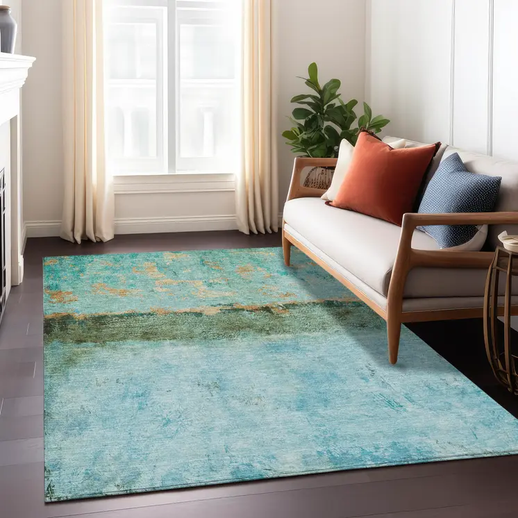 3' X 5' Teal Blue And Gold Abstract Washable Indoor Outdoor Area Rug