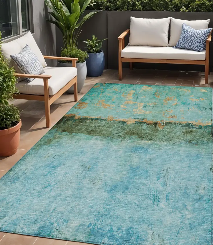 5' X 8' Teal Blue And Gold Abstract Washable Indoor Outdoor Area Rug