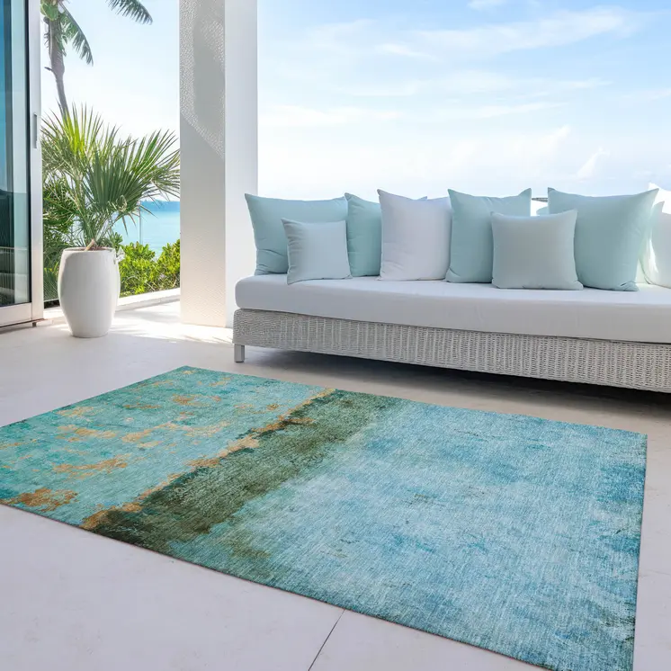 5' X 8' Teal Blue And Gold Abstract Washable Indoor Outdoor Area Rug