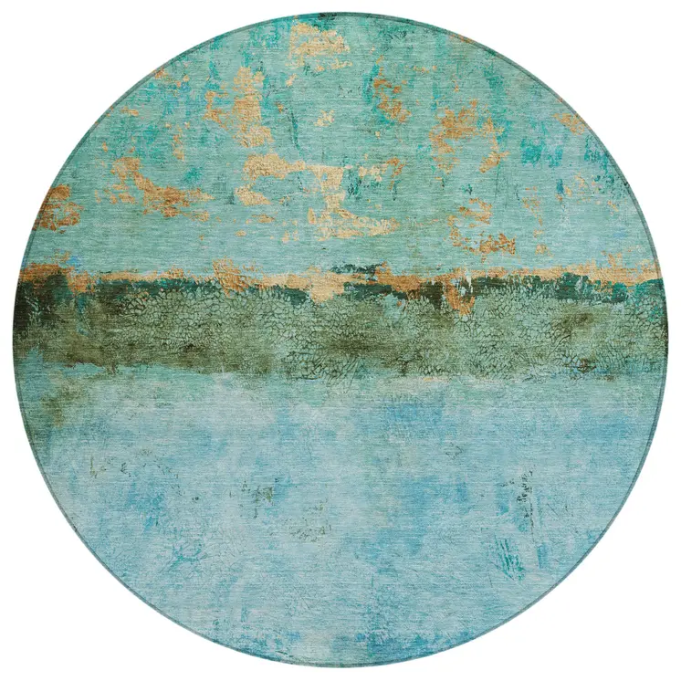 8' Teal Blue And Gold Round Abstract Washable Indoor Outdoor Area Rug