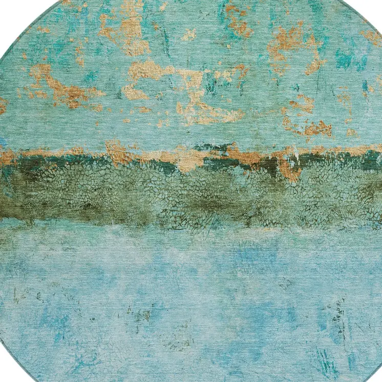 8' Teal Blue And Gold Round Abstract Washable Indoor Outdoor Area Rug