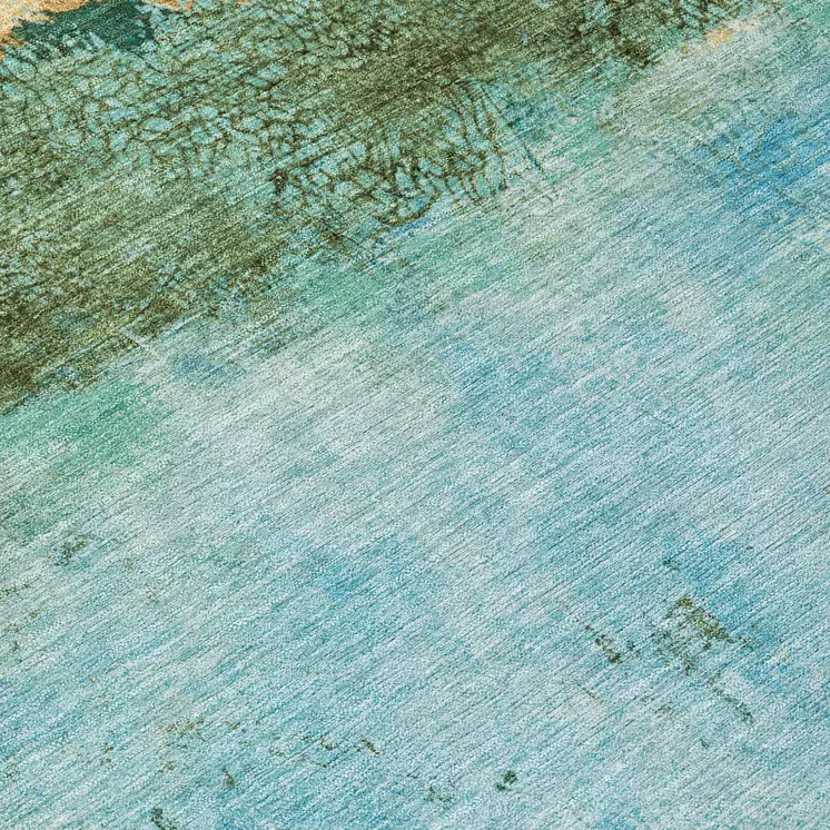 8' Teal Blue And Gold Round Abstract Washable Indoor Outdoor Area Rug