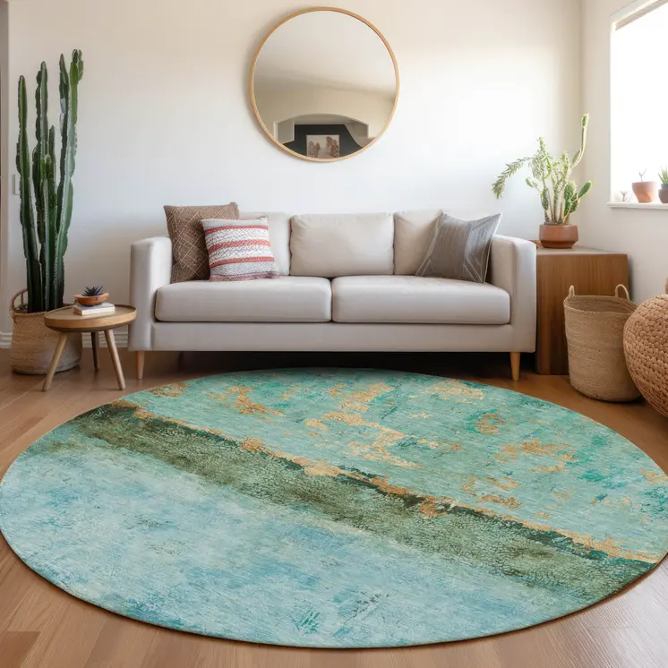 8' Teal Blue And Gold Round Abstract Washable Indoor Outdoor Area Rug