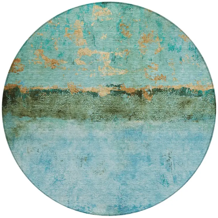 8' Teal Blue And Gold Round Abstract Washable Indoor Outdoor Area Rug