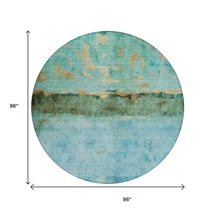 8' Teal Blue And Gold Round Abstract Washable Indoor Outdoor Area Rug