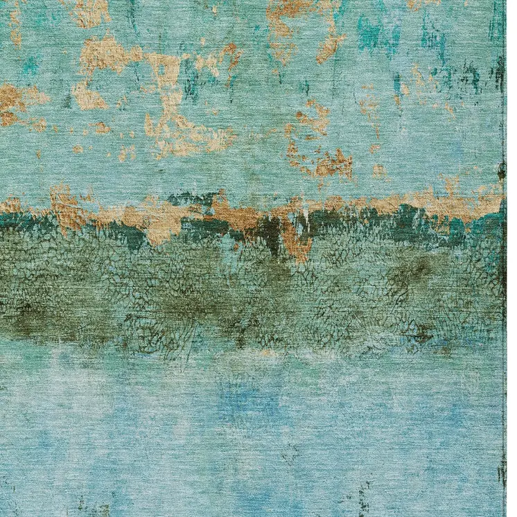 8' X 10' Teal Blue And Gold Abstract Washable Indoor Outdoor Area Rug