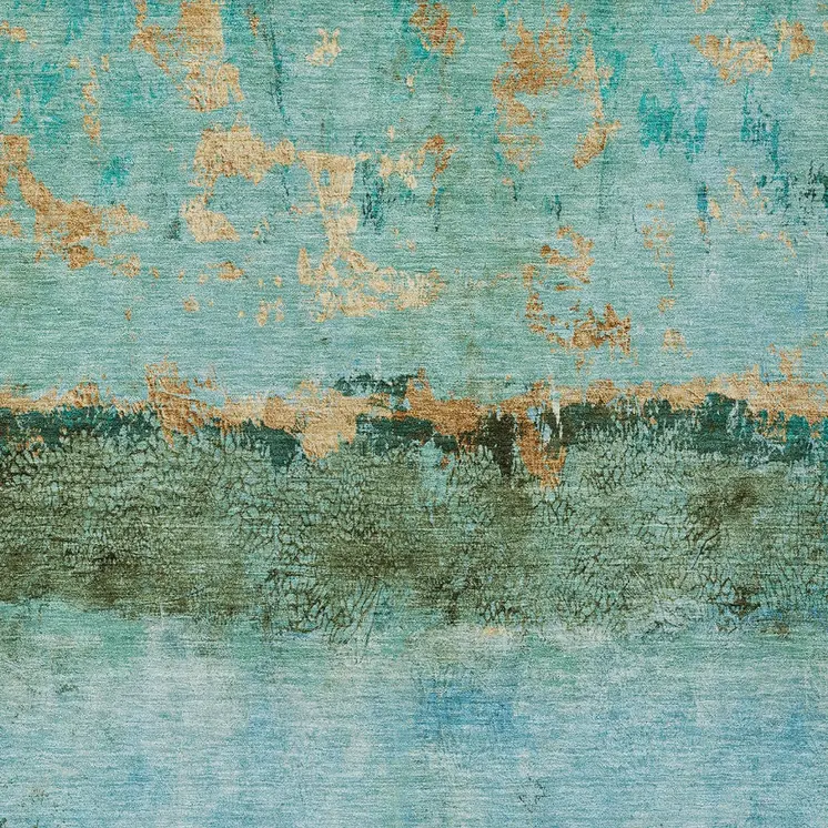 9' X 12' Teal Blue And Gold Abstract Washable Indoor Outdoor Area Rug