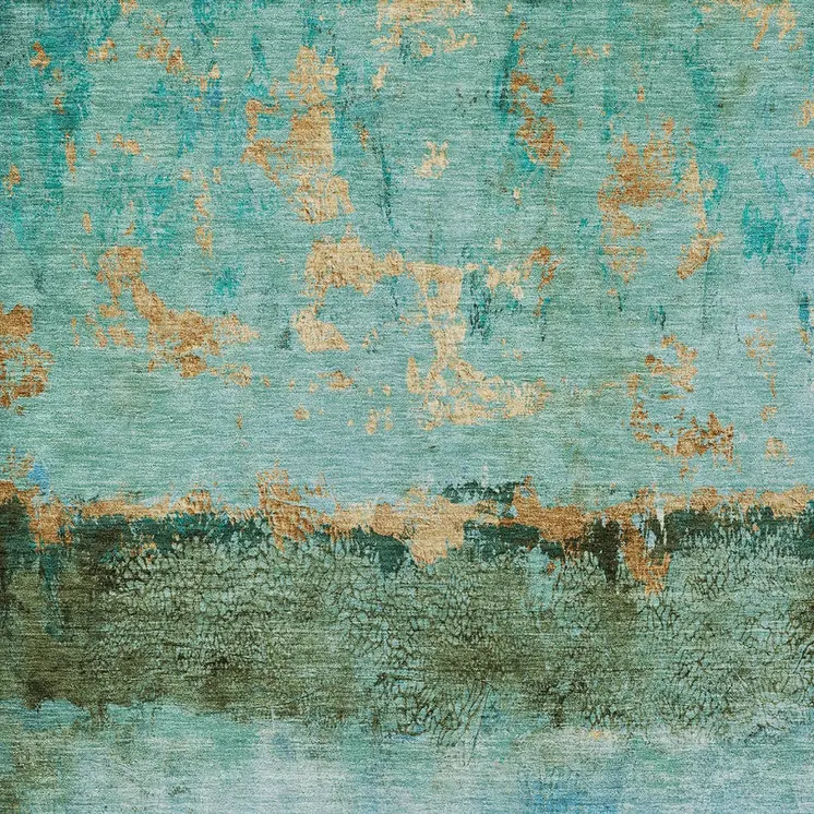 10' X 14' Teal Blue And Gold Abstract Washable Indoor Outdoor Area Rug