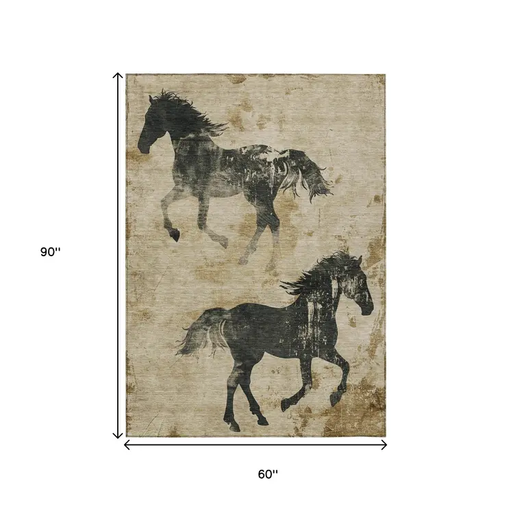 5' X 8' Beige And Charcoal Horse Washable Indoor Outdoor Area Rug