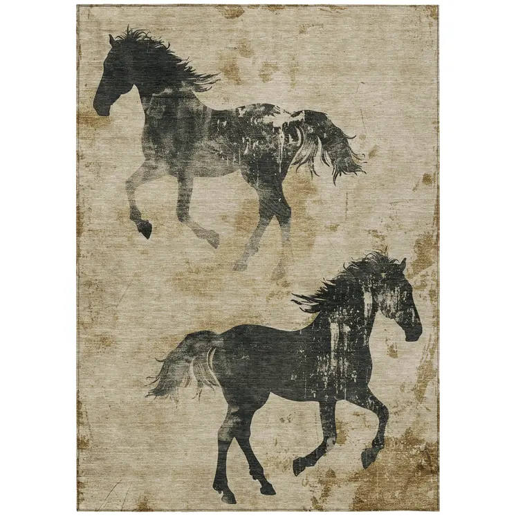 5' X 8' Beige And Charcoal Horse Washable Indoor Outdoor Area Rug