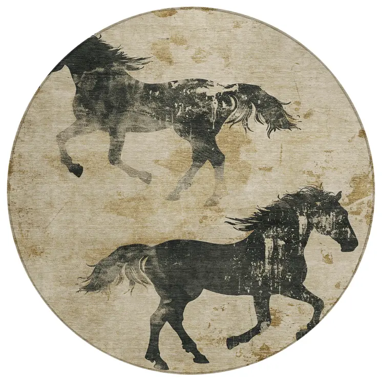 8' Beige And Charcoal Round Horse Washable Indoor Outdoor Area Rug