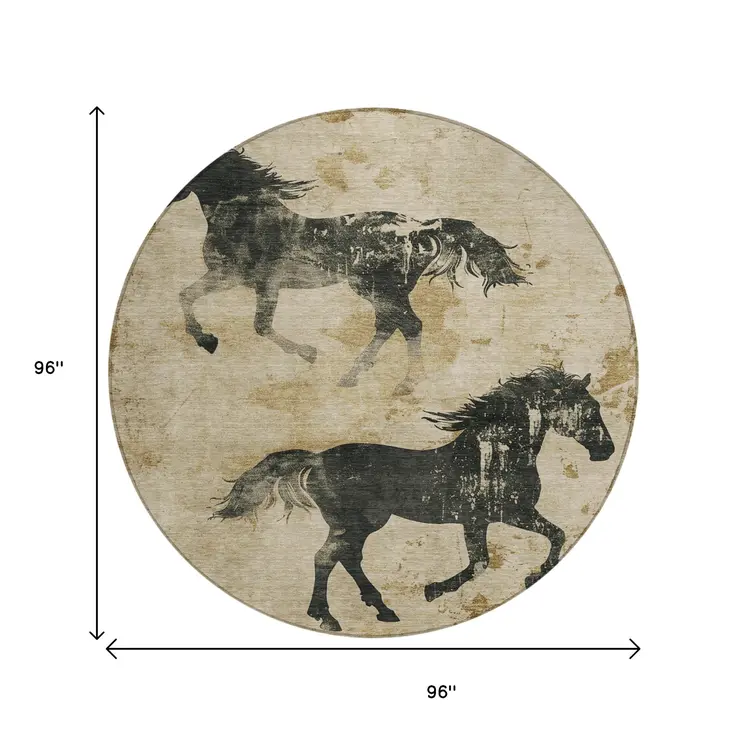 8' Beige And Charcoal Round Horse Washable Indoor Outdoor Area Rug