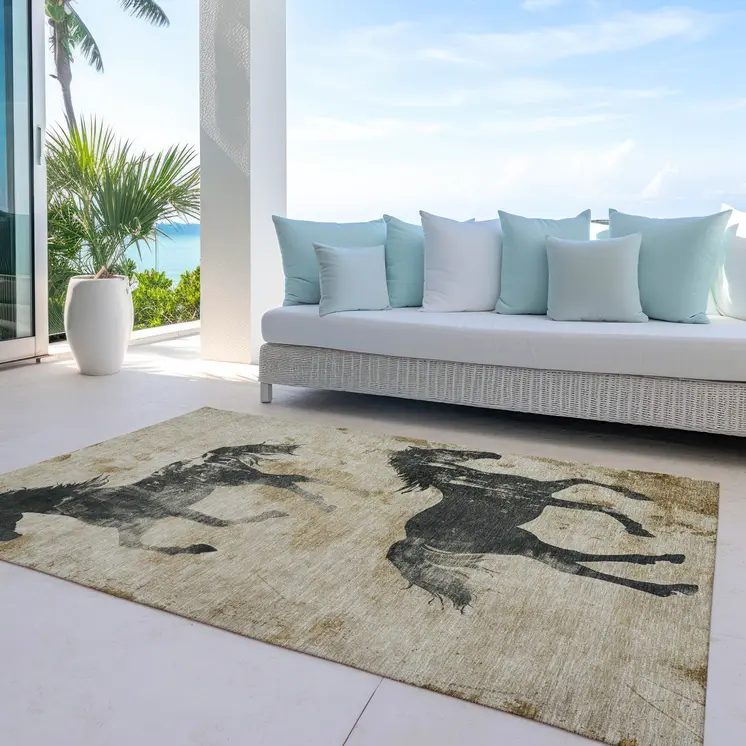 8' X 10' Beige And Charcoal Horse Washable Indoor Outdoor Area Rug