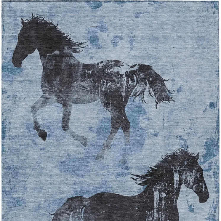 5' X 8' Denim Blue And Charcoal Horse Washable Indoor Outdoor Area Rug