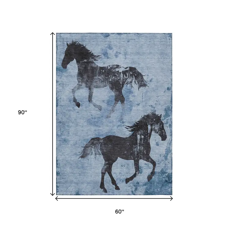 5' X 8' Denim Blue And Charcoal Horse Washable Indoor Outdoor Area Rug