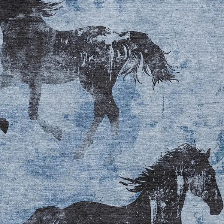 5' X 8' Denim Blue And Charcoal Horse Washable Indoor Outdoor Area Rug