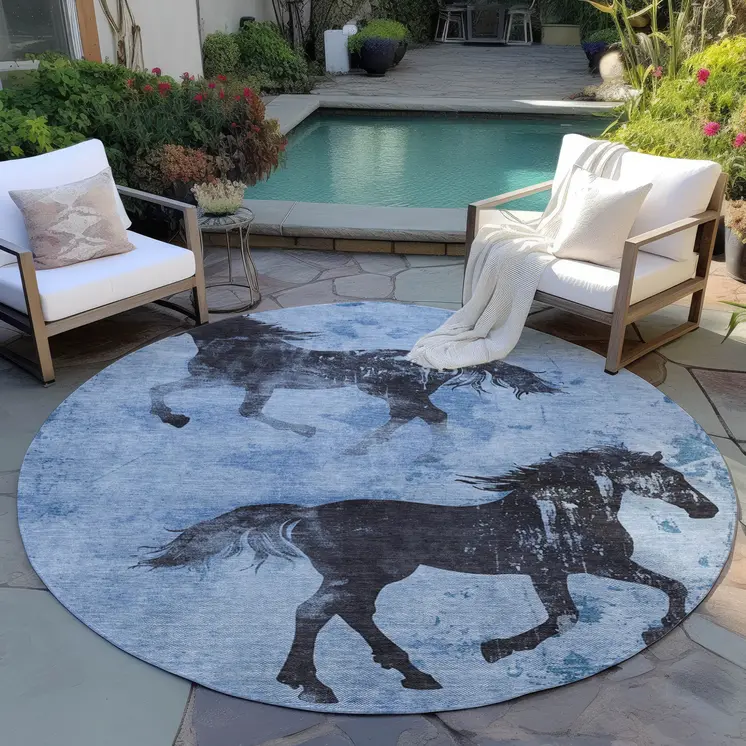 8' Denim Blue And Charcoal Round Horse Washable Indoor Outdoor Area Rug