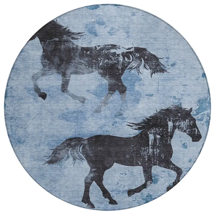 8' Denim Blue And Charcoal Round Horse Washable Indoor Outdoor Area Rug