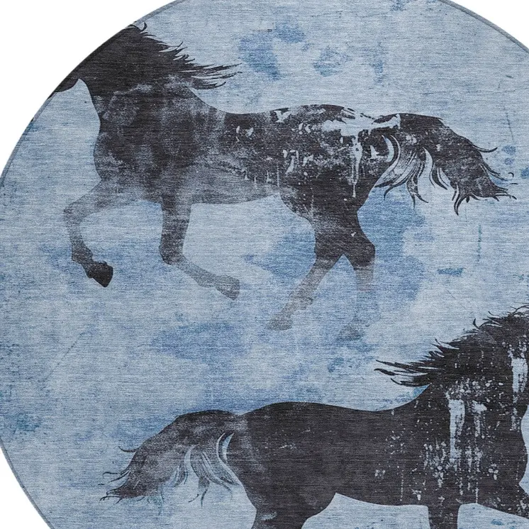 8' Denim Blue And Charcoal Round Horse Washable Indoor Outdoor Area Rug