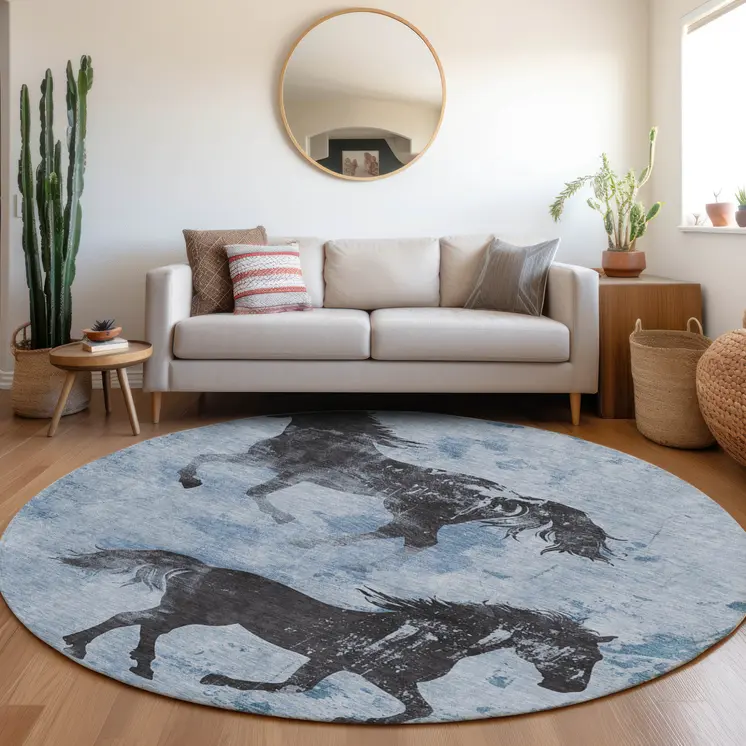 8' Denim Blue And Charcoal Round Horse Washable Indoor Outdoor Area Rug