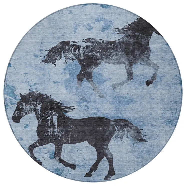 8' Denim Blue And Charcoal Round Horse Washable Indoor Outdoor Area Rug