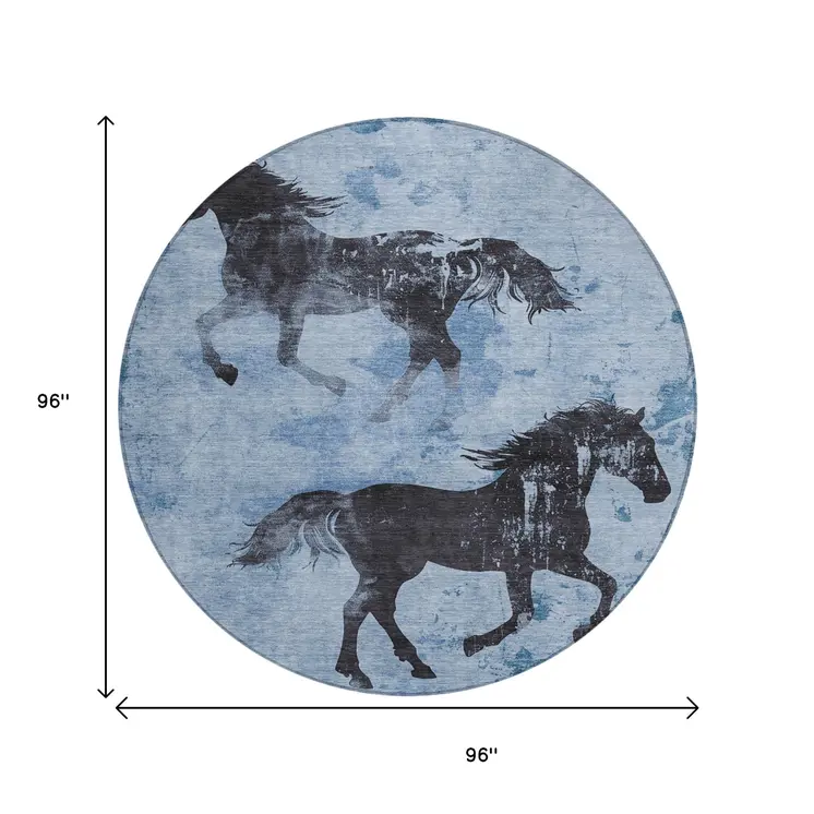 8' Denim Blue And Charcoal Round Horse Washable Indoor Outdoor Area Rug