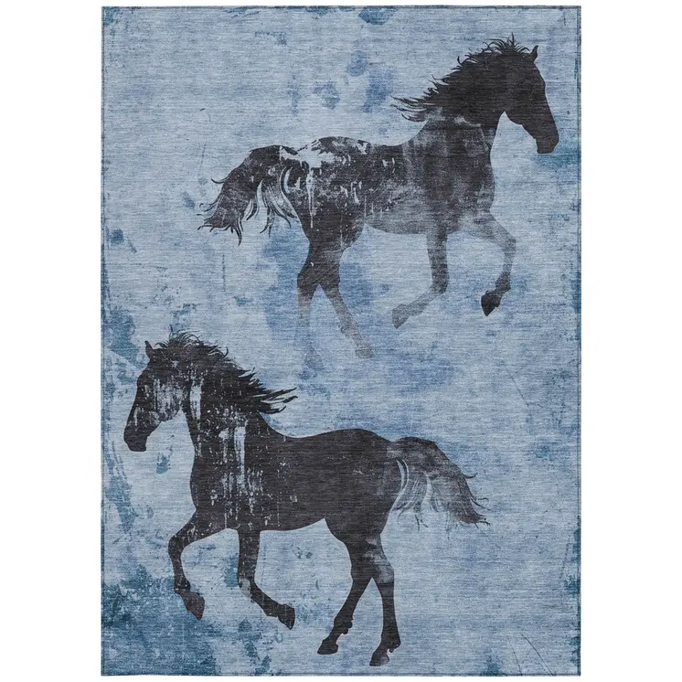 9' X 12' Denim Blue And Charcoal Horse Washable Indoor Outdoor Area Rug