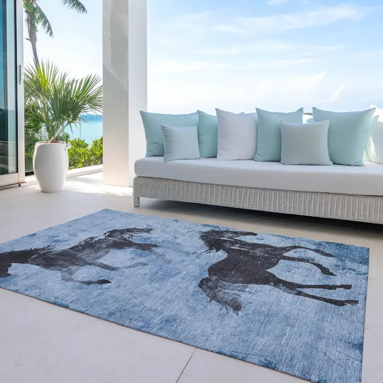 9' X 12' Denim Blue And Charcoal Horse Washable Indoor Outdoor Area Rug