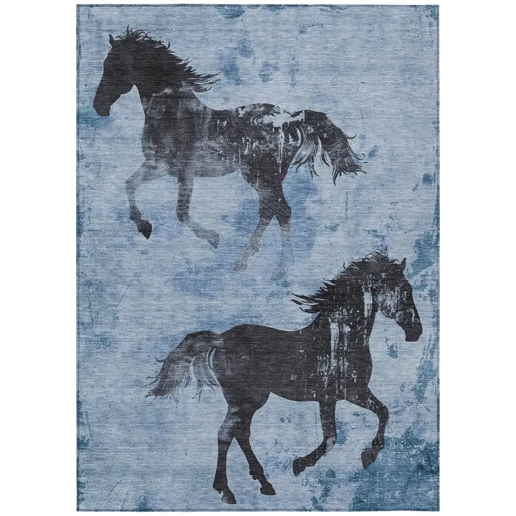 9' X 12' Denim Blue And Charcoal Horse Washable Indoor Outdoor Area Rug