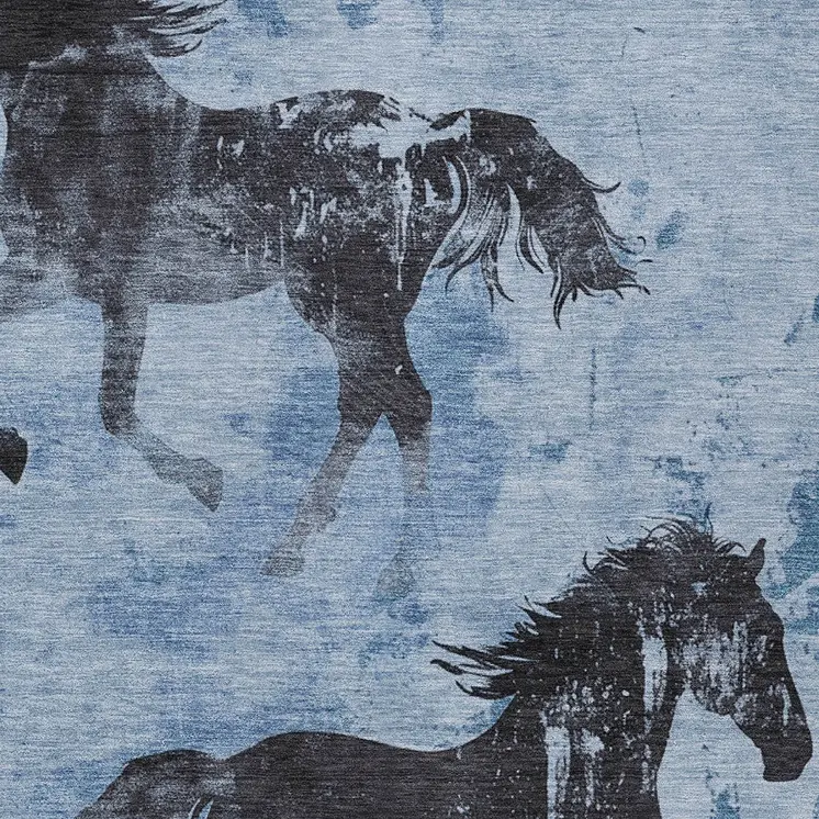 9' X 12' Denim Blue And Charcoal Horse Washable Indoor Outdoor Area Rug