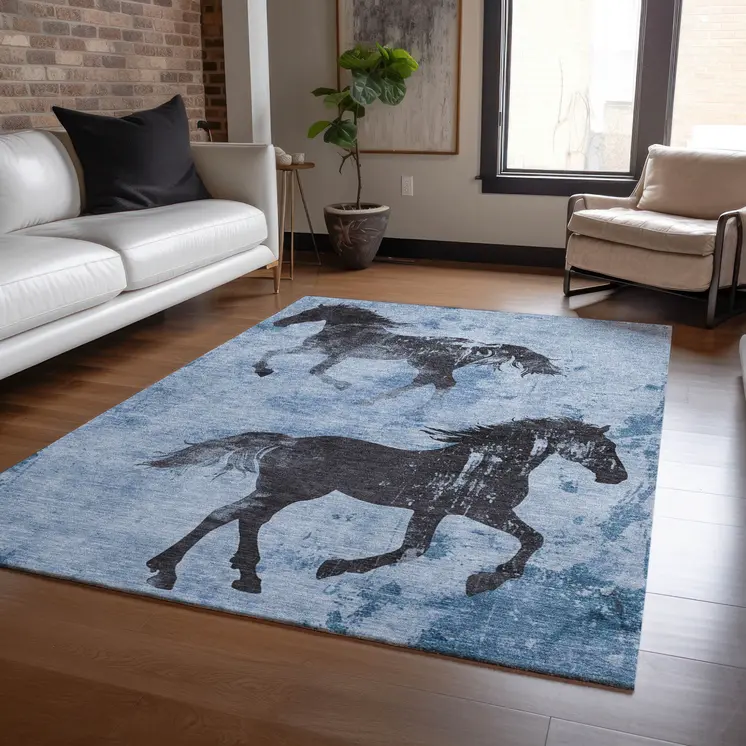 10' X 14' Denim Blue And Charcoal Horse Washable Indoor Outdoor Area Rug