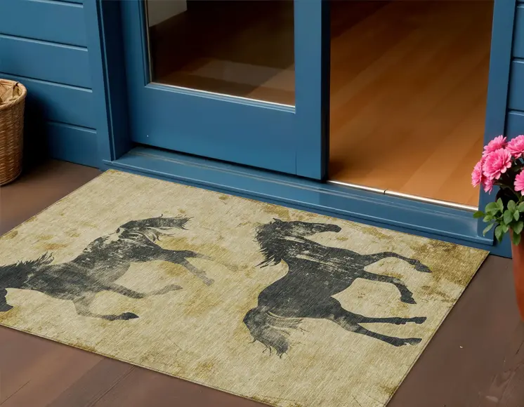 3' X 5' Gold And Charcoal Horse Washable Indoor Outdoor Area Rug