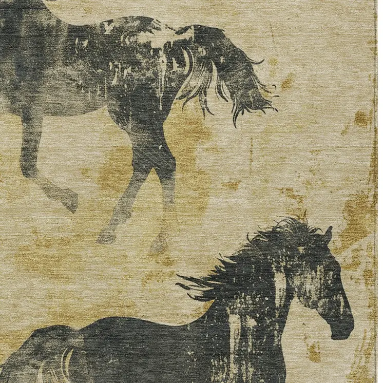 3' X 5' Gold And Charcoal Horse Washable Indoor Outdoor Area Rug