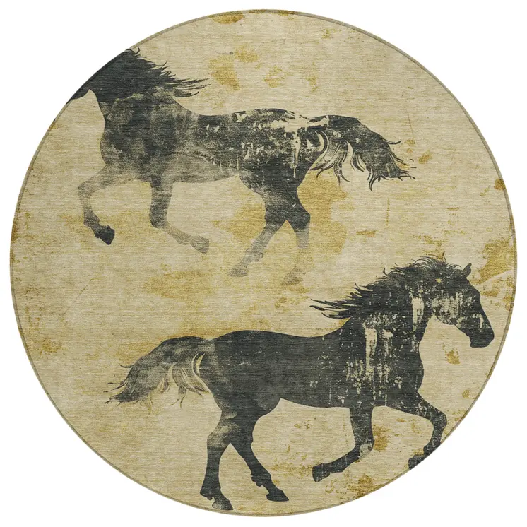 8' Gold And Charcoal Round Horse Washable Indoor Outdoor Area Rug