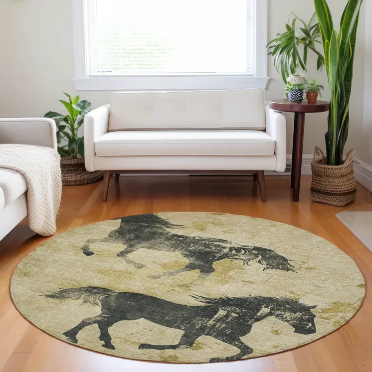 8' Gold And Charcoal Round Horse Washable Indoor Outdoor Area Rug