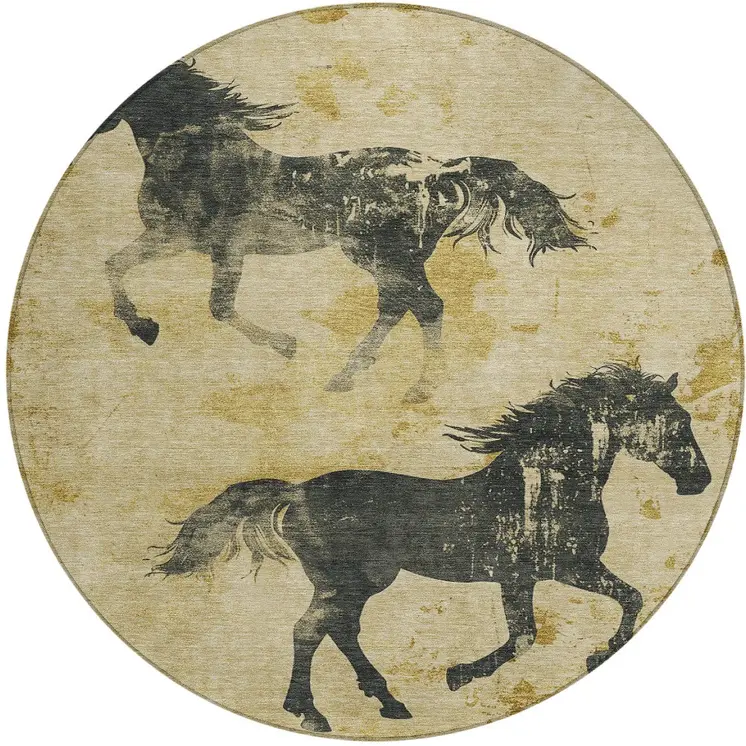 8' Gold And Charcoal Round Horse Washable Indoor Outdoor Area Rug