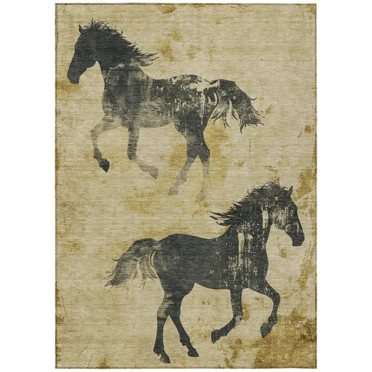 9' X 12' Gold And Charcoal Horse Washable Indoor Outdoor Area Rug