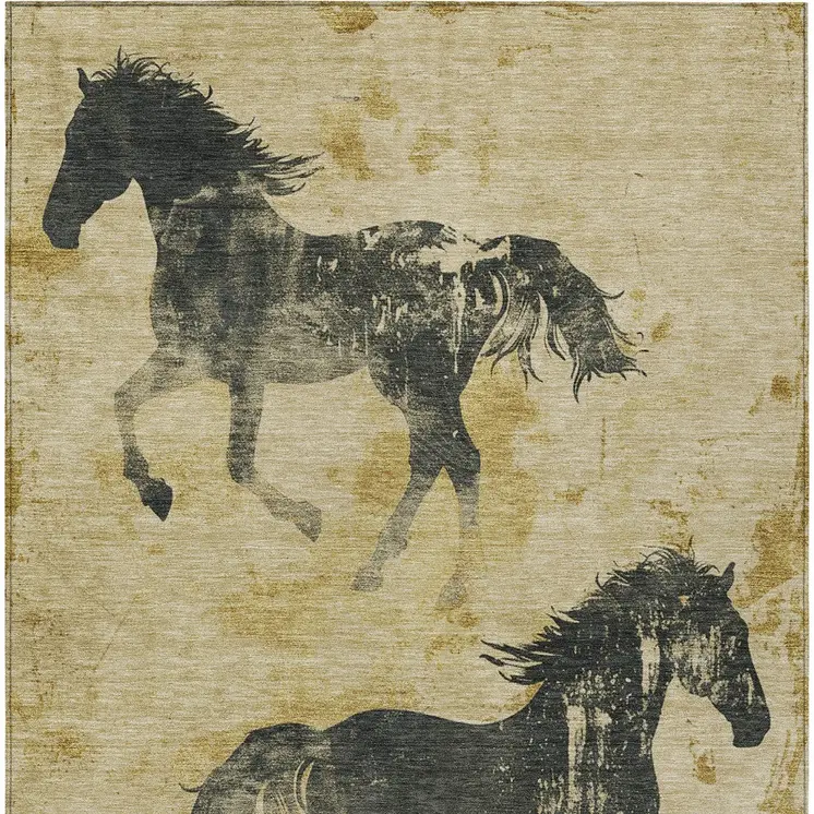 9' X 12' Gold And Charcoal Horse Washable Indoor Outdoor Area Rug