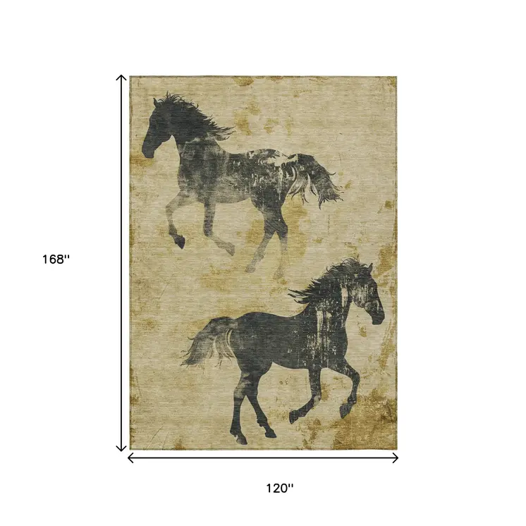 10' X 14' Gold And Charcoal Horse Washable Indoor Outdoor Area Rug