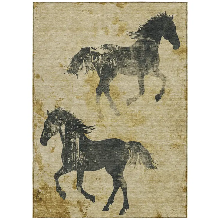 10' X 14' Gold And Charcoal Horse Washable Indoor Outdoor Area Rug